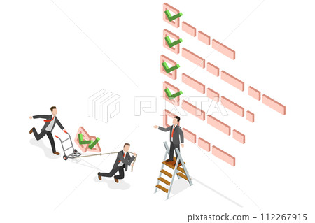 3D Isometric Flat  Conceptual Illustration of Checklist for Work Completion, Project Management 112267915