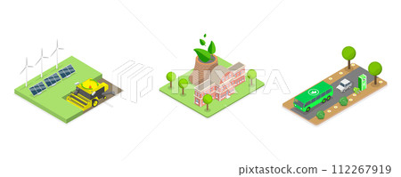 3D Isometric Flat  Conceptual Illustration of Sustainable Lifestyle, Green Electricity, Food Production and Transportation 112267919
