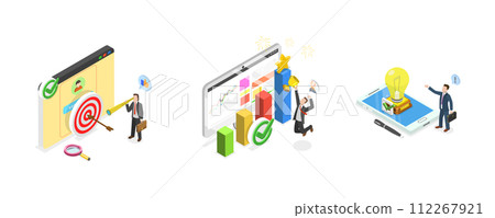 3D Isometric Flat  Conceptual Illustration of Personal Development, Completing Task and Reaching Goal 112267921