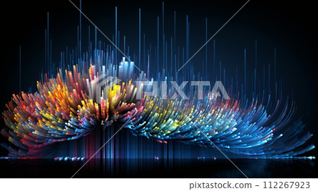 Colorful Digital Art Display of Dynamic Data Light Trails Exploding in Dark Space 112267923