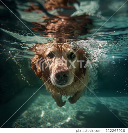 A dog swimming underwater in a pool, non-standard angle, authentic photo 112267928