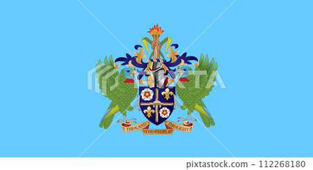 The official current flag and coat of arms of Saint Lucia. State flag of Saint Lucia. Illustration. The official current flag and coat of arms of Saint Lucia. State flag of Saint Lucia. Illustration. 112268180