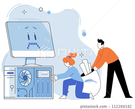 Computer troubleshooting. Vector illustration. Technicians provide technical assistance in computer troubleshooting Troubleshooting software issues is crucial part computer repair Computer troubleshooting. Vector illustration. Technicians provide technical assistance in computer troubleshooting Troubleshooting software issues is crucial part computer repair 112268182