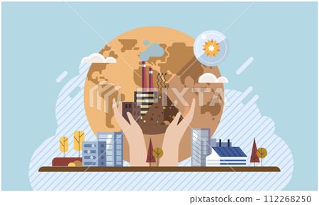 Air, water and soil pollution by industrial production, environmental contamination. Working plant, factory emitting smoke through chimneys, pouring toxic waste chemicals in river through pipes 112268250