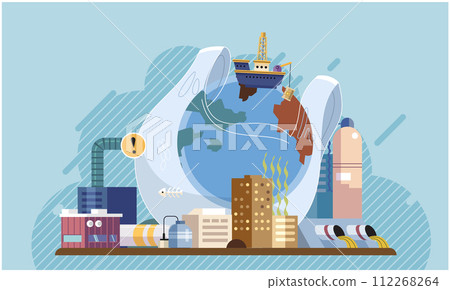 Environmental pollution, trash in water. Industrial production, factories throw waste into water . Discharge of waste into dirty ocean. Save nature. Global ecological problem, underwater contamination 112268264