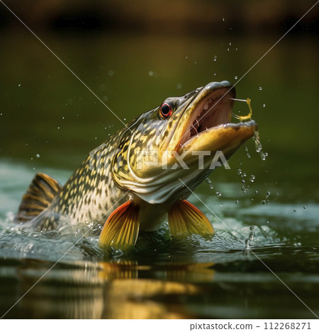 Pike is hunting, a predatory fish jumps out of the water for prey with its mouth open, close-up 112268271