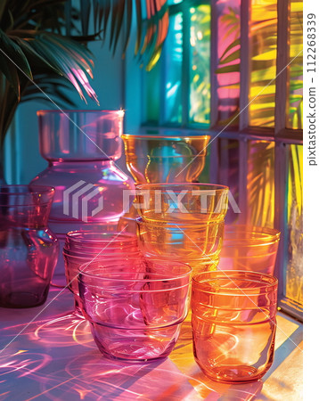Colorful drinkware stacked on table glasses, bottles, and fluid Colorful drinkware stacked on table glasses, bottles, and fluid 112268339