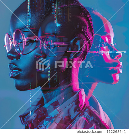 a multiple exposure portrait of a woman wearing glasses 112268341