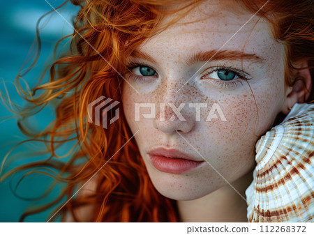 Closeup of a woman with red hair with shell, freckles, and rosy cheeks 112268372