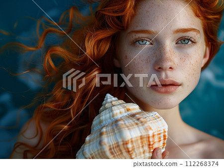 Redhaired woman holds sea shell in hand near cheek 112268374