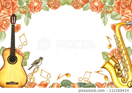 The frame is musical with a saxophone, piano keys, roses and a treble clef. The watercolor illustration is hand-drawn. For posters, flyers and invitation cards. For greeting cards and certificates. The frame is musical with a saxophone, piano keys, roses and a treble clef. The watercolor illustration is hand-drawn. For posters, flyers and invitation cards. For greeting cards and certificates. 112268414
