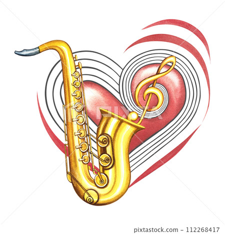 A golden saxophone on the background of a red musical heart with a treble clef. The watercolor illustration is hand-drawn. For logos, badges, stickers and prints. For postcards, business cards, flyer. 112268417