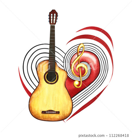 A six-string guitar on the background of a red musical heart with a treble clef. The watercolor illustration is hand-drawn. For logos, badges, stickers and prints. For postcards, business card, flyer A six-string guitar on the background of a red musical heart with a treble clef. The watercolor illustration is hand-drawn. For logos, badges, stickers and prints. For postcards, business card, flyer 112268418