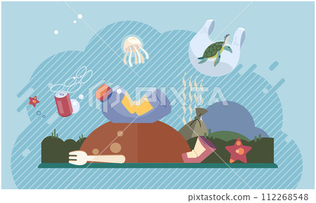 Water pollution. Vector illustration. Garbage and waste management practices significantly impact cleanliness our environment Organic waste can be composted and reused, reducing amount waste sent Water pollution. Vector illustration. Garbage and waste management practices significantly impact cleanliness our environment Organic waste can be composted and reused, reducing amount waste sent 112268548