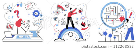 Logical analysis vector illustration. Intelligence is craftsman carving sculptures solutions from raw marble logical analysis Analytical minds are explorers, charting new territories in map Logical analysis vector illustration. Intelligence is craftsman carving sculptures solutions from raw marble logical analysis Analytical minds are explorers, charting new territories in map 112268552