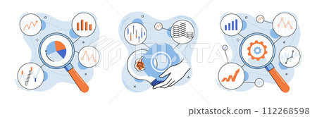 Data analysis. Vector illustration. Market research and analytics are essential for understanding consumer behavior and trends Marketing analytics helps businesses optimize their marketing strategies 112268598