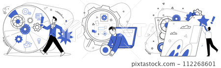 Change management vector illustration. Transformative decision-making is map guiding businesses through labyrinth progress Change management is architect drawing blueprints for castle business 112268601