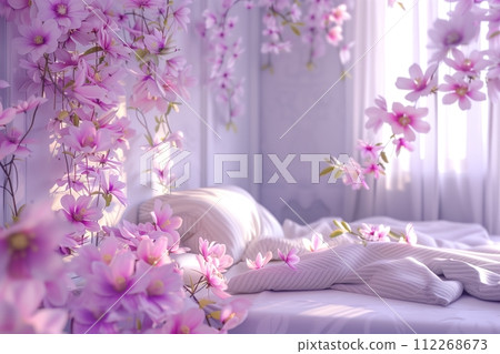 A bed with a white comforter and pink flowers on the bedspread 112268673