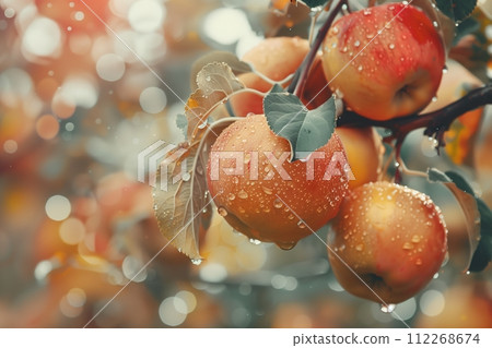 A bunch of apples hanging from a tree with raindrops on them 112268674