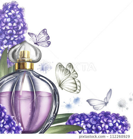 A frame with a perfume bottle made of transparent glass with hyacinth flowers. Vintage purple perfume. A hand-drawn watercolor illustration. For packaging, postcards and labels. For banners, flyers. 112268929