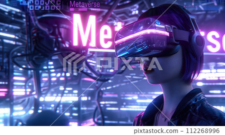Adult girl uses futuristic headset in gloomy cyber world, portrait of young woman playing VR glasses in metaverse. Concept of technology, virtual reality, cyberpunk, digital future 112268996