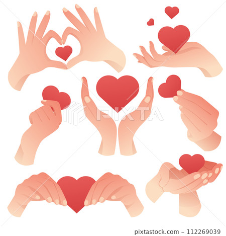 Set of cartoon hands with hearts. Fingers hold heart. Human hands holding and giving red hearts. Valentine's Day, Kindness Day, love, support. Love symbols banner. 112269039