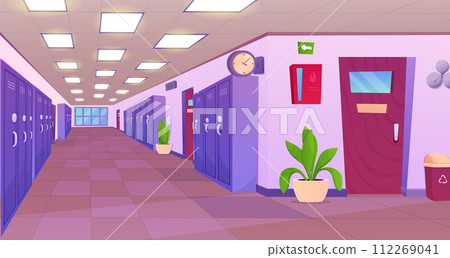 School hallway interior. University corridor interior design with classroom doors, lockers for students, vending machine with snacks. Education concept. School hallway interior. University corridor interior design with classroom doors, lockers for students, vending machine with snacks. Education concept. 112269041