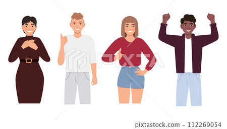 Happiness Emotions, Body Language. Ok sign, clenched fist, thumbs up, victory fingers and hand heart. People with positive gestures Happiness Emotions, Body Language. Ok sign, clenched fist, thumbs up, victory fingers and hand heart. People with positive gestures 112269054