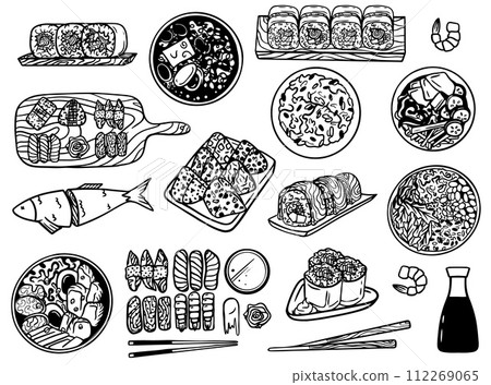 Asian Japanese food. Sushi set. Hand drawn Japanese food sketch Illustrations set. Sea food and japan restaurant foods items Retro style. Sushi bar menu. 112269065