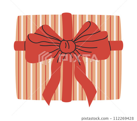 Hand drawn gift box. Wrapped present for Birthday or Christmas holidays, box top view, gift box with red silk bow flat vector illustration. Gift box on white 112269428