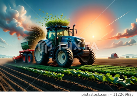 Tractor in a field planting vegetables in early spring. 112269683