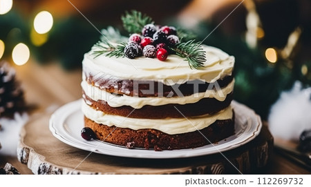 Christmas cake, holiday recipe and home baking, pudding with creamy icing for cosy winter holidays tea in the English country cottage, homemade food and cooking Christmas cake, holiday recipe and home baking, pudding with creamy icing for cosy winter holidays tea in the English country cottage, homemade food and cooking 112269732