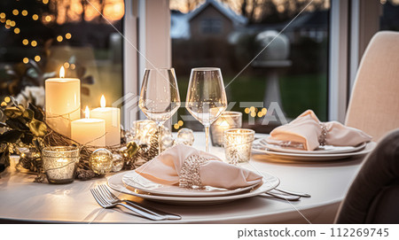Festive date night tablescape idea, dinner table setting for two and Christmas, New Year, Valentines day decor, English country home styling 112269745