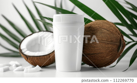 Product packaging mockup with coconut infusion and tropical vibe. Mockup for food supplements or drinks 112269770