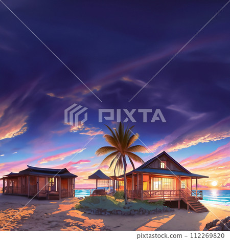 Illustration of a bungalow on the shore of the South Pacific Ocean at sunset Illustration of a bungalow on the shore of the South Pacific Ocean at sunset 112269820