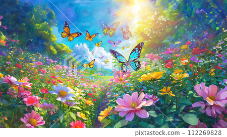 Illustration of a flower garden with dancing butterflies 112269828