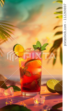A glass of summer pink cocktail with ice, a slice of orange, and a decorative petal on a table 112269897