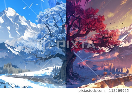 Half tree in winter, half tree in spring and summer, change of seasons weather concept Half tree in winter, half tree in spring and summer, change of seasons weather concept 112269935