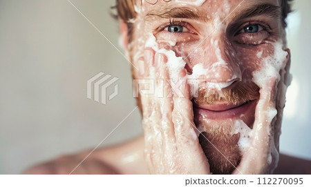AI-generated content. A young man deeply cleanses his face with foam, emphasizing the importance of skin care. Soft masculinity, daily self-care, men's cosmetology 112270095