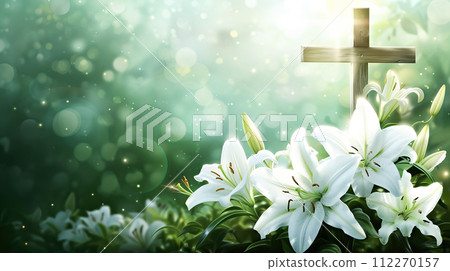 AI-generated content. Easter concept, cross and blooming lilies , blurred background with a bac. Postcard template for the religious Great Holiday of Holy Easter 112270157