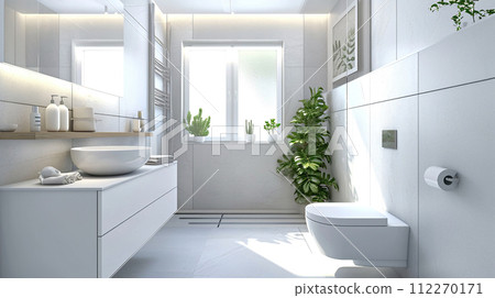 AI-generated content. Sun-drenched bathroom with white subway tiles, toilet and sink next to a potted plant. Interior design, cozy lifestyle 112270171
