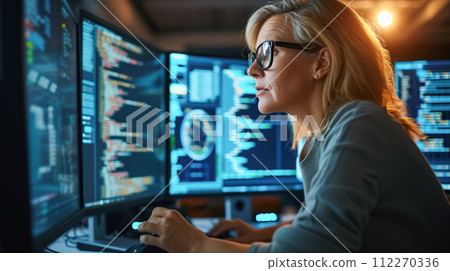 AI-generated content. Focused adult female programmer working hard in darkened office illuminated by light of computer screens, representing dedication to the high technology industry AI-generated content. Focused adult female programmer working hard in darkened office illuminated by light of computer screens, representing dedication to the high technology industry 112270336