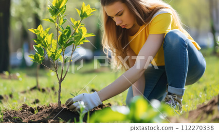 AI-generated content. A woman in casual clothes plants a young tree in a garden, city park, promoting reforestation and environmental protection on sunny day. World Tree Planting Day, Earth AI-generated content. A woman in casual clothes plants a young tree in a garden, city park, promoting reforestation and environmental protection on sunny day. World Tree Planting Day, Earth 112270338