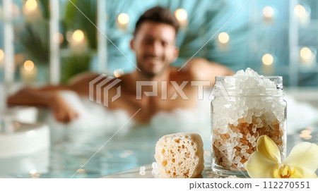 AI-generated content. A man relaxes in an outdoor swimming pool, holding a jar of body scrub as the center of attention, symbolizing luxury and self-care. Outdoor spa treatment with body scrub 112270551