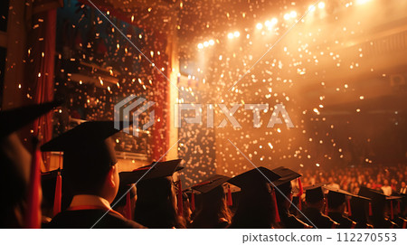AI-generated content. Graduation evening with flying golden confetti, a solemn ceremony for the end of the academic year and university. Festive background 112270553