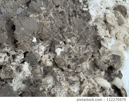 Melting dirty snow on the streets of the city during the daytime in winter. Snow with sand and mud lies on the road Melting dirty snow on the streets of the city during the daytime in winter. Snow with sand and mud lies on the road 112270870