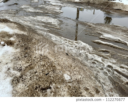 Melting dirty snow on the streets of the city during the daytime in winter. The pedestrian road is snow with sand and mud. Traces of people and pets Melting dirty snow on the streets of the city during the daytime in winter. The pedestrian road is snow with sand and mud. Traces of people and pets 112270877