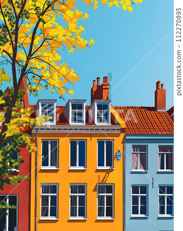 AI-generated content. A picturesque scene of colorful buildings with orange and yellow hues lining a residential area, framed by a tree in the foreground AI-generated content. A picturesque scene of colorful buildings with orange and yellow hues lining a residential area, framed by a tree in the foreground 112270895