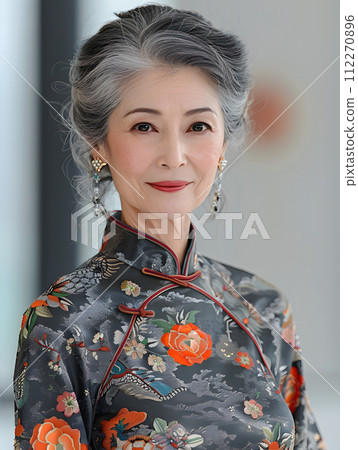 AI-generated content. a woman with gray hair is wearing a cheongsam dress and earrings . High quality AI-generated content. a woman with gray hair is wearing a cheongsam dress and earrings . High quality 112270896