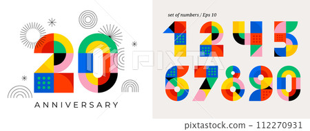Anniversary concept design. Modern geometric style. Fireworks and celebration colorful background 112270931